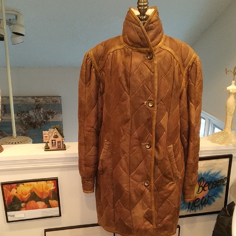 Women's Vintage Genuine Leather Quilted Brown Coat